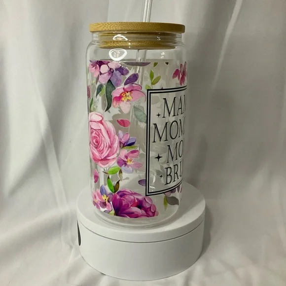 16 Ounce Handmade Clear Glass Can Cup, W/Lid & Straw, Mama Floral - Picture 11 of 13